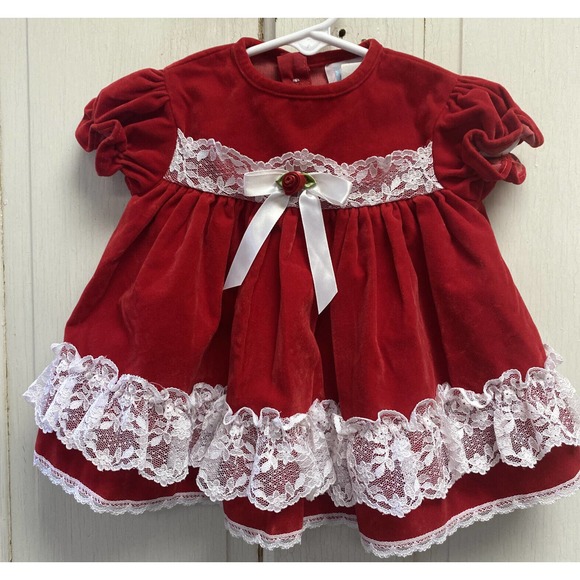 Little Gems Other - Vintage Little Gems Red Velvet Dress Lace Trim Bloomers Short Sleeve 3/6 Months
